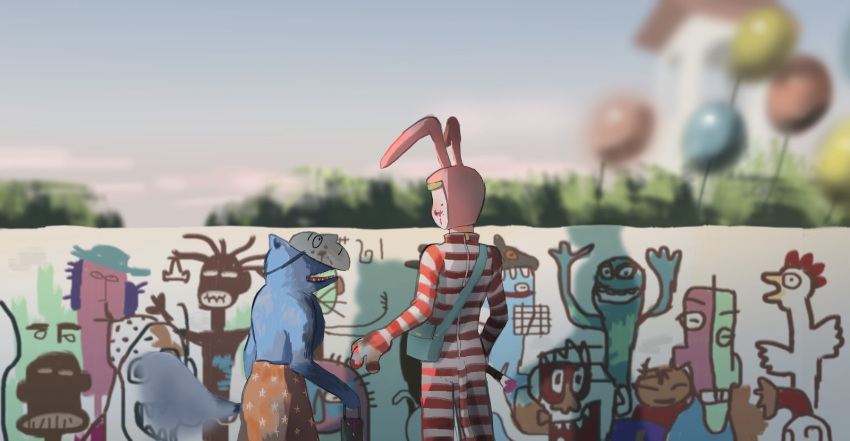2boys, animal_hood, balloon, blonde_hair, bodysuit, bunny_hood, from_behind, highres