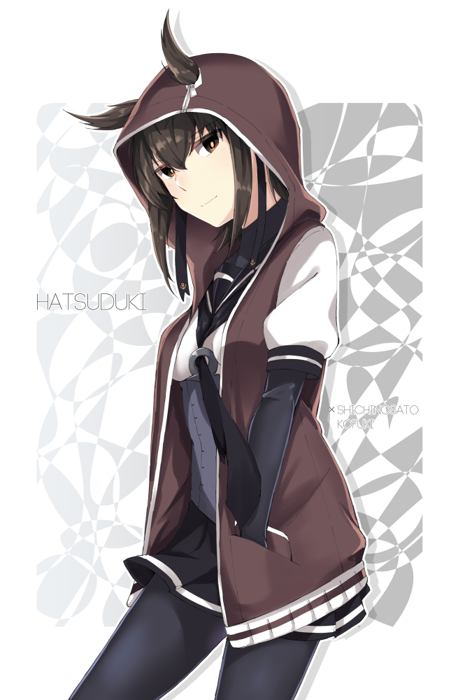 1girl, bangs, black_bodysuit, black_legwear, black_neckwear, black_sailor_collar, black_skirt, bodysuit, brown_eyes, brown_hair, brown_jacket, character_name, corset, cowboy_shot, hair_between_eyes, hair_flaps, hair_through_hood, hand_in_pocket, hatsuzuki_(kantai_collection), hood, hood_up, hooded_jacket, jacket, jouhou, kantai_collection, looking_at_viewer, miniskirt, neckerchief, outline, pantyhose, pleated_skirt, sailor_collar, short_sleeves, skirt, solo, white_outline
