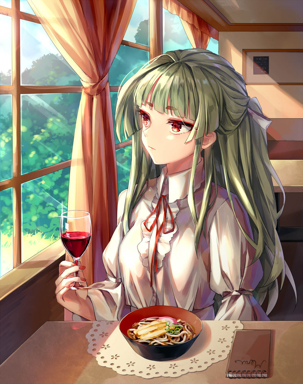 1girl, alcohol, alternate_costume, bangs, blunt_bangs, bowl, closed_mouth, commentary_request