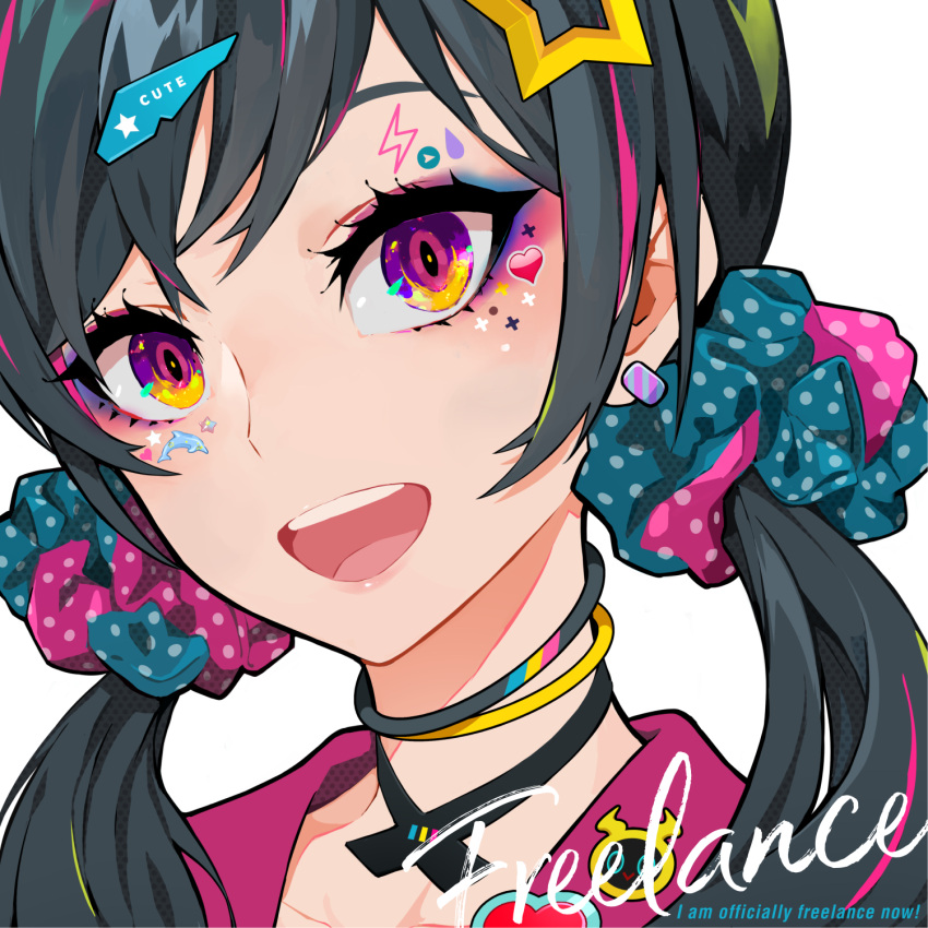 1girl, :d, black_hair, blue_scrunchie, blush, collarbone, commentary_request, diagonal_stripes