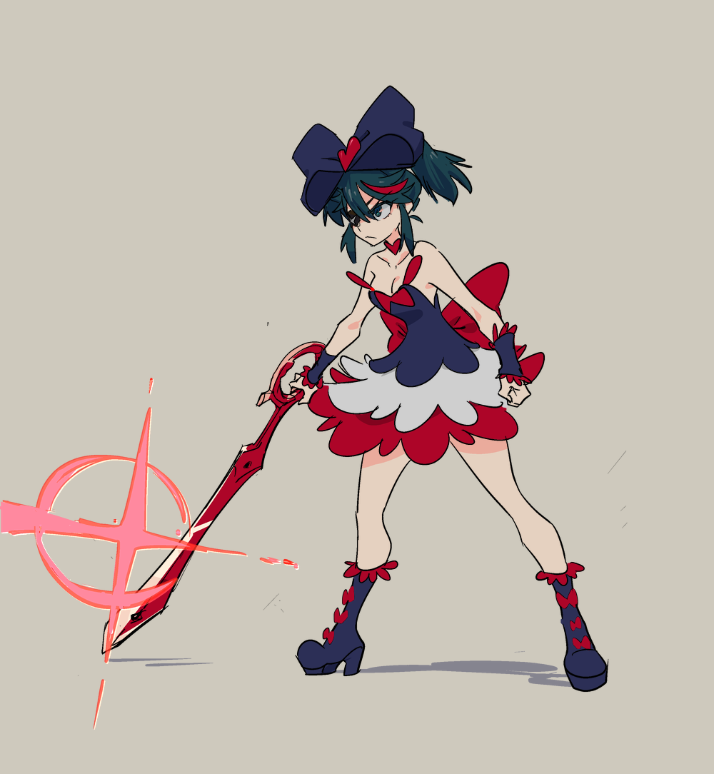 1girl, black_hair, blue_eyes, boots, breasts, cleavage, cosplay, dress, english_commentary, full_body, gyosone, harime_nui, harime_nui_(cosplay), kill_la_kill, lens_flare, matoi_ryuuko, medium_breasts, multicolored_hair, personality_switch, redhead, scissor_blade, solo, strapless, strapless_dress, streaked_hair, wrist_cuffs