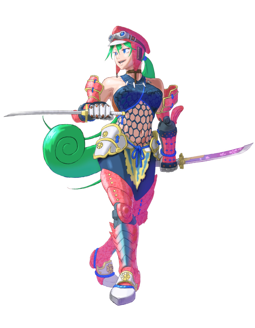 1girl, adapted_costume, android, armor, bare_shoulders, blue_eyes, boots, breasts, capcom, choker, commentary_request, crossover, dual_wielding, fang_necklace, fishnets, full_body, goggles, goggles_on_headwear, green_hair, hair_between_eyes, hat, highres, holding, holding_weapon, hudy8358, jewelry, katana, large_breasts, long_hair, marino, midriff, mizutsune_(armor), monster_hunter, monster_hunter_xx, nargacuga_(armor), navel, necklace, robot_joints, rockman, rockman_x, simple_background, solo, standing, sword, very_long_hair, weapon