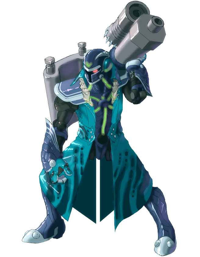 adapted_costume, android, armor, boots, capcom, commentary_request, crossover, full_body, glowing, glowing_eye, helmet, hudy8358, long_coat, monster_hunter, monster_hunter_xx, red_eyes, robot_joints, rockman, rockman_x, shield, shoulder_cannon, shoulder_pads, simple_background, solo, standing, vava, weapon