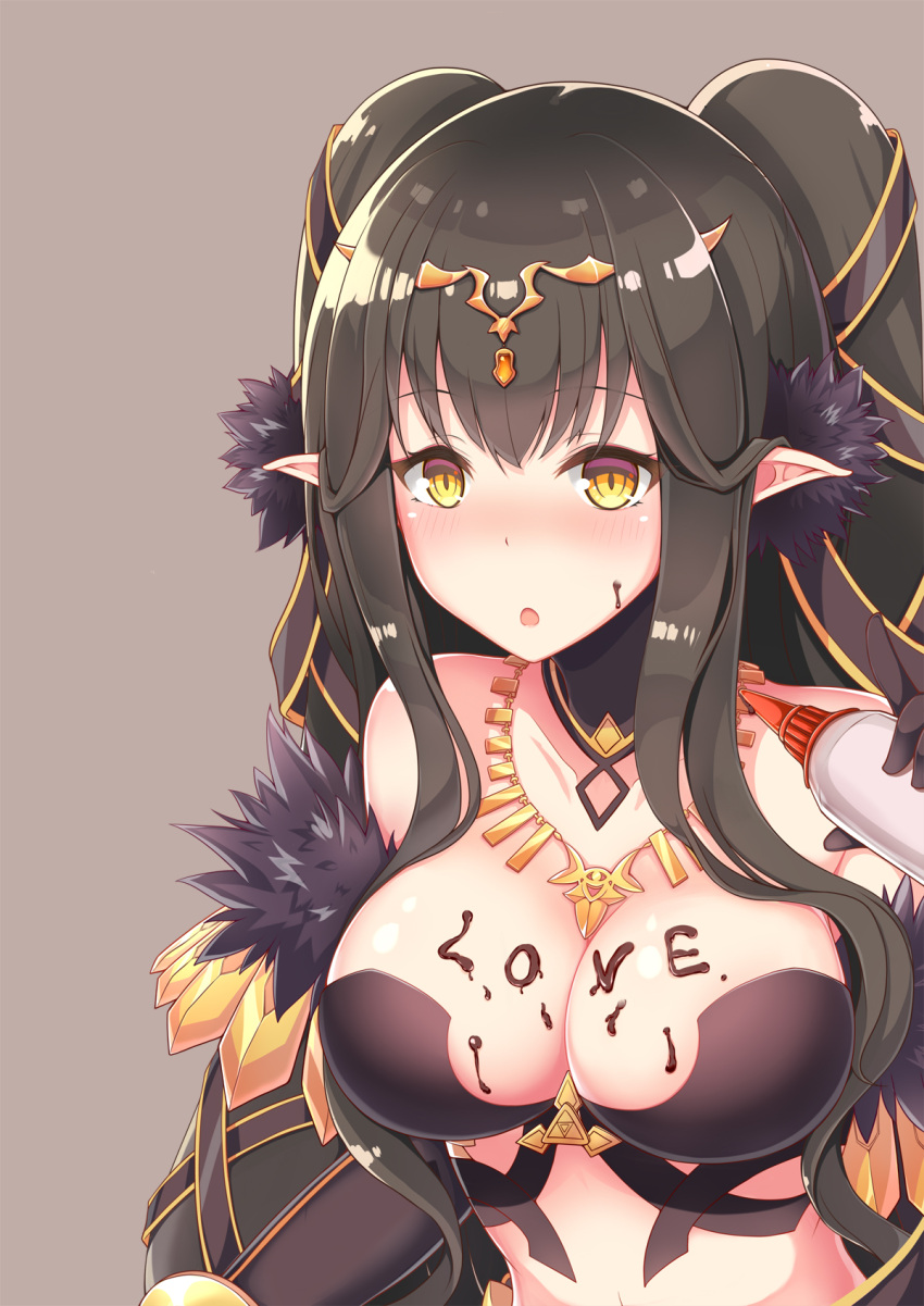 1girl, :o, bangs, bare_shoulders, bikini, black_bikini, black_gloves, black_hair