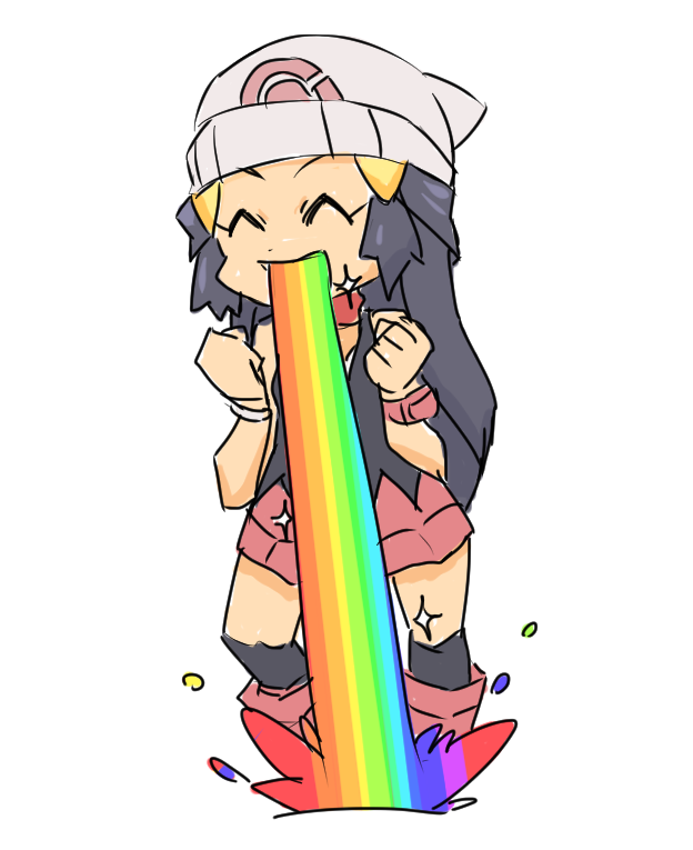 1girl, beanie, blue_hair, boots, clenched_hands, closed_eyes, glint, hair_ornament, hat, hikari_(pokemon), kneehighs, long_hair, nyonn24, pokemon, simple_background, sketch, skirt, smile, solo, standing, vomiting_rainbows, white_background