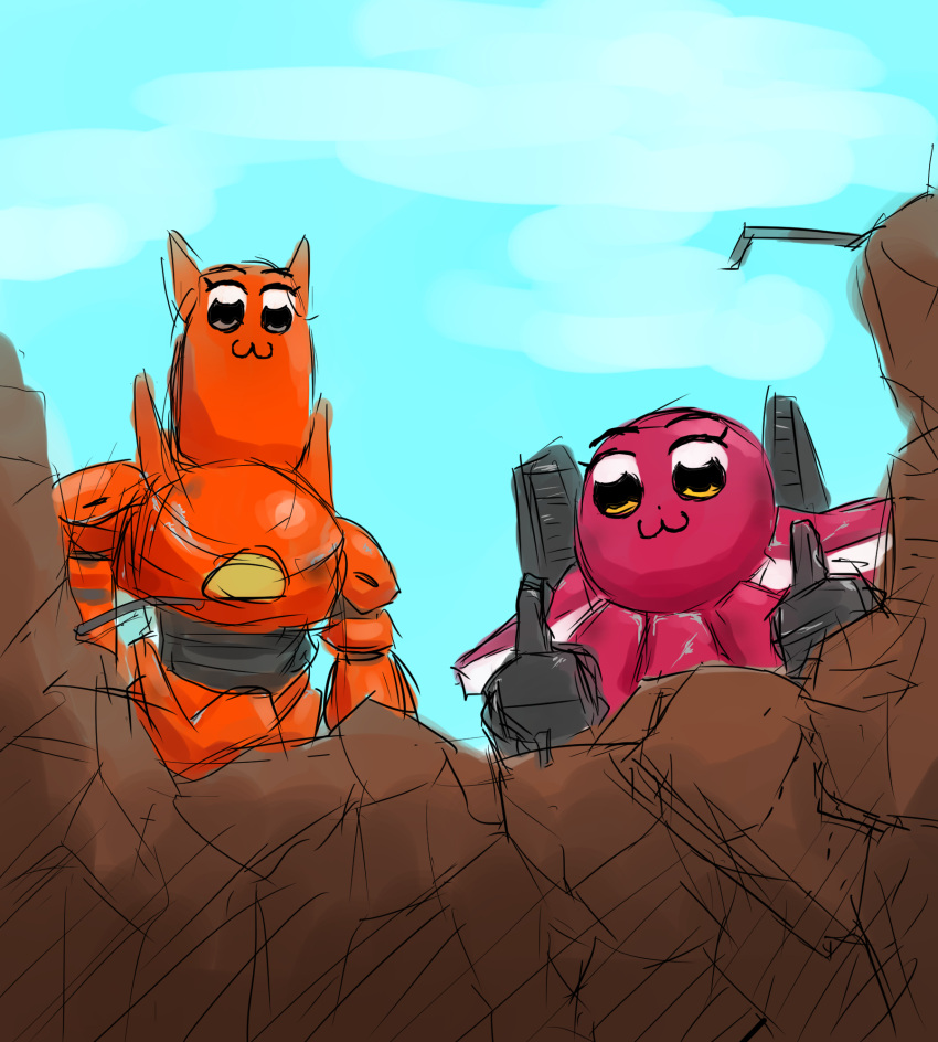 :3, brown_eyes, clouds, crossover, debris, destruction, ground_vehicle, guardian_bravo