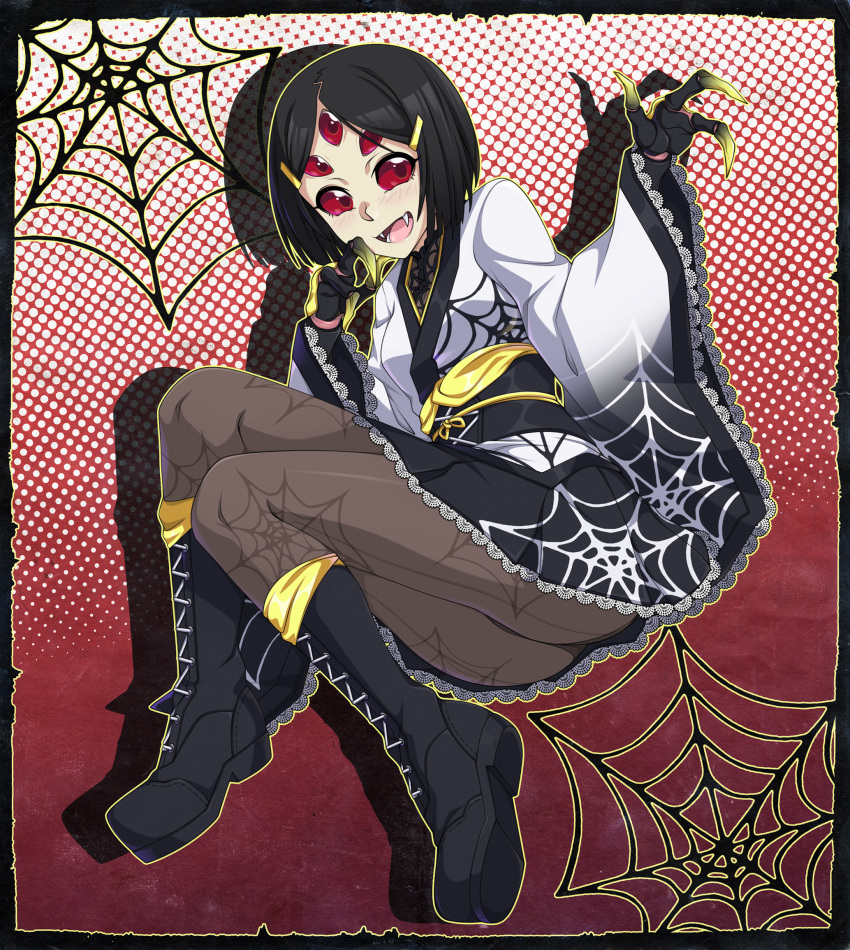 1girl, bangs, black_hair, boots, brown_legwear, carapace, claws, commentary