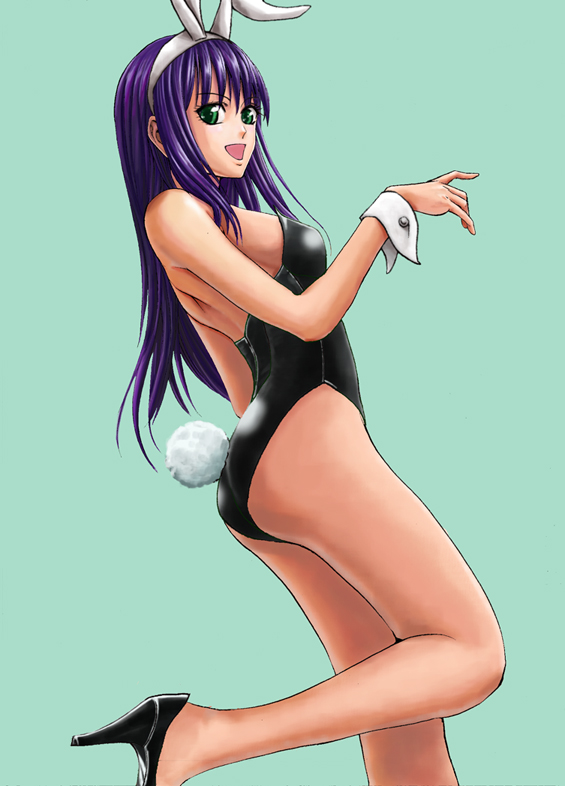 bare_legs, blue_hair, bunny_ears, bunnysuit, el_blanco, green_eyes, high_heels, long_hair
