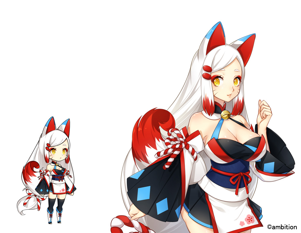 1girl, aki_no_jikan, animal_ears, bare_shoulders, bell, black_legwear, breasts, cleavage