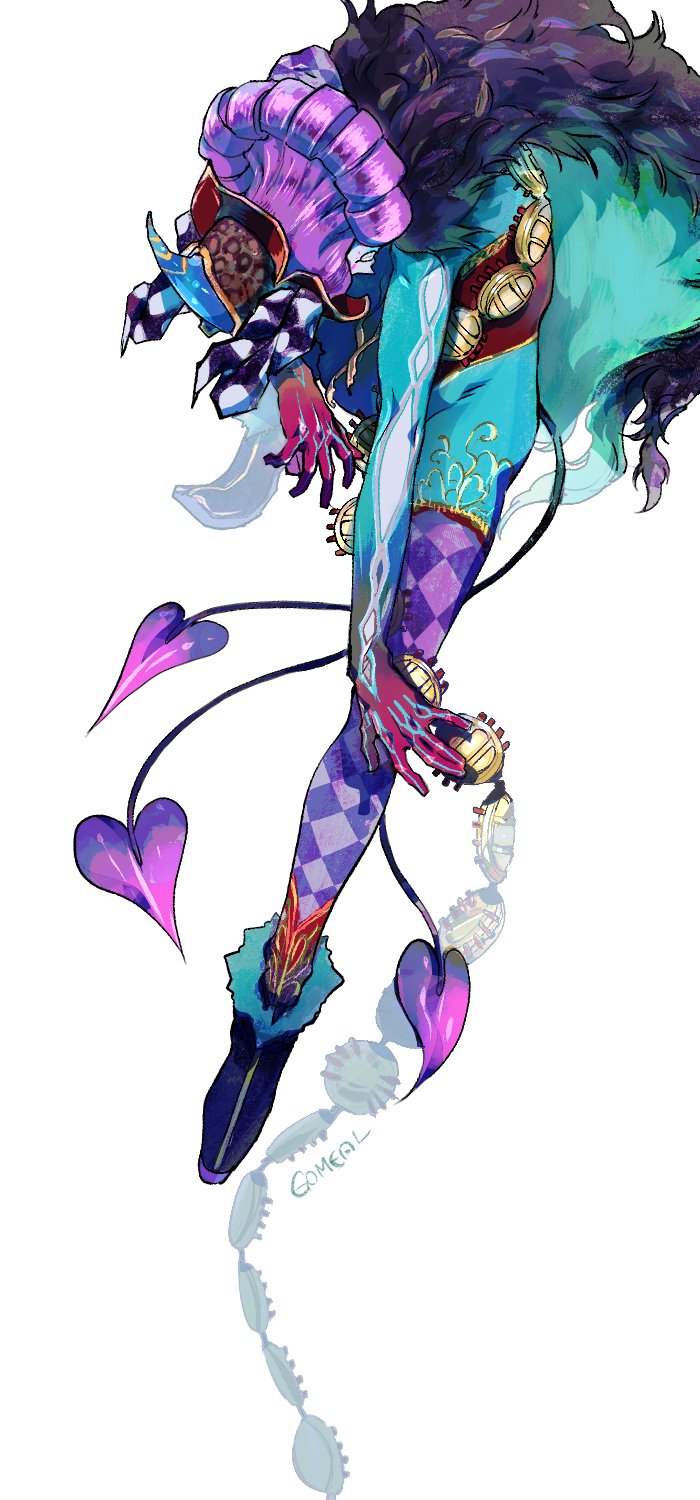 1boy, bent_over, black_cape, bodysuit, cape, cat, fate/grand_order, fate_(series), fur_cape, gogohan, grin, hat, highres, male_focus, mephistopheles_(fate/grand_order), purple_hair, simple_background, smile, solo, white_background, white_skin