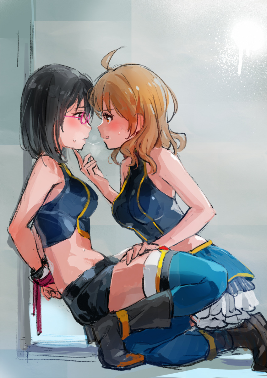 2girls, ahoge, araki_hina, black_hair, blue_eyes, blue_legwear, blush, bound