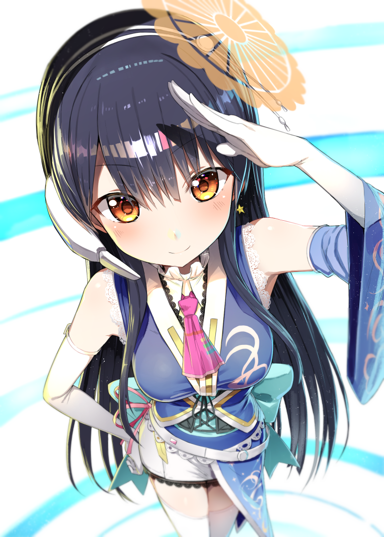 1girl, arm_up, bangs, black_hair, blue_dress, blush, breasts, brown_eyes