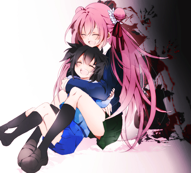 black_hair, blood, blood_splatter, double_bun, happy_sugar_life, hug, hug_from_behind, kobe_shio