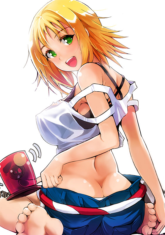 1girl, ass, blonde_hair, breasts, graphite_(medium), large_breasts, mahjong_monogatari, open_mouth, patoranran, rotating_light, shiroyukimajima, short_hair, shorts, sideboob, smile, solo, tank_top, traditional_media
