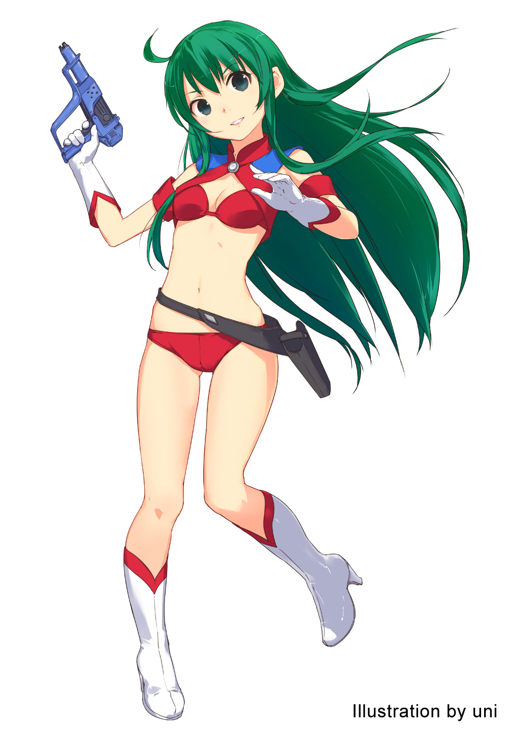 1girl, armband, artist_name, bikini, boots, breasts, elevator_action, full_body, gloves, green_eyes, green_hair, gun, handgun, high_heels, highres, holding, holding_gun, holding_weapon, holster, long_hair, navel, official_art, parted_lips, red_bikini, reika_(time_gal), small_breasts, smile, solo, swimsuit, time_gal, uni, weapon, white_footwear, white_gloves