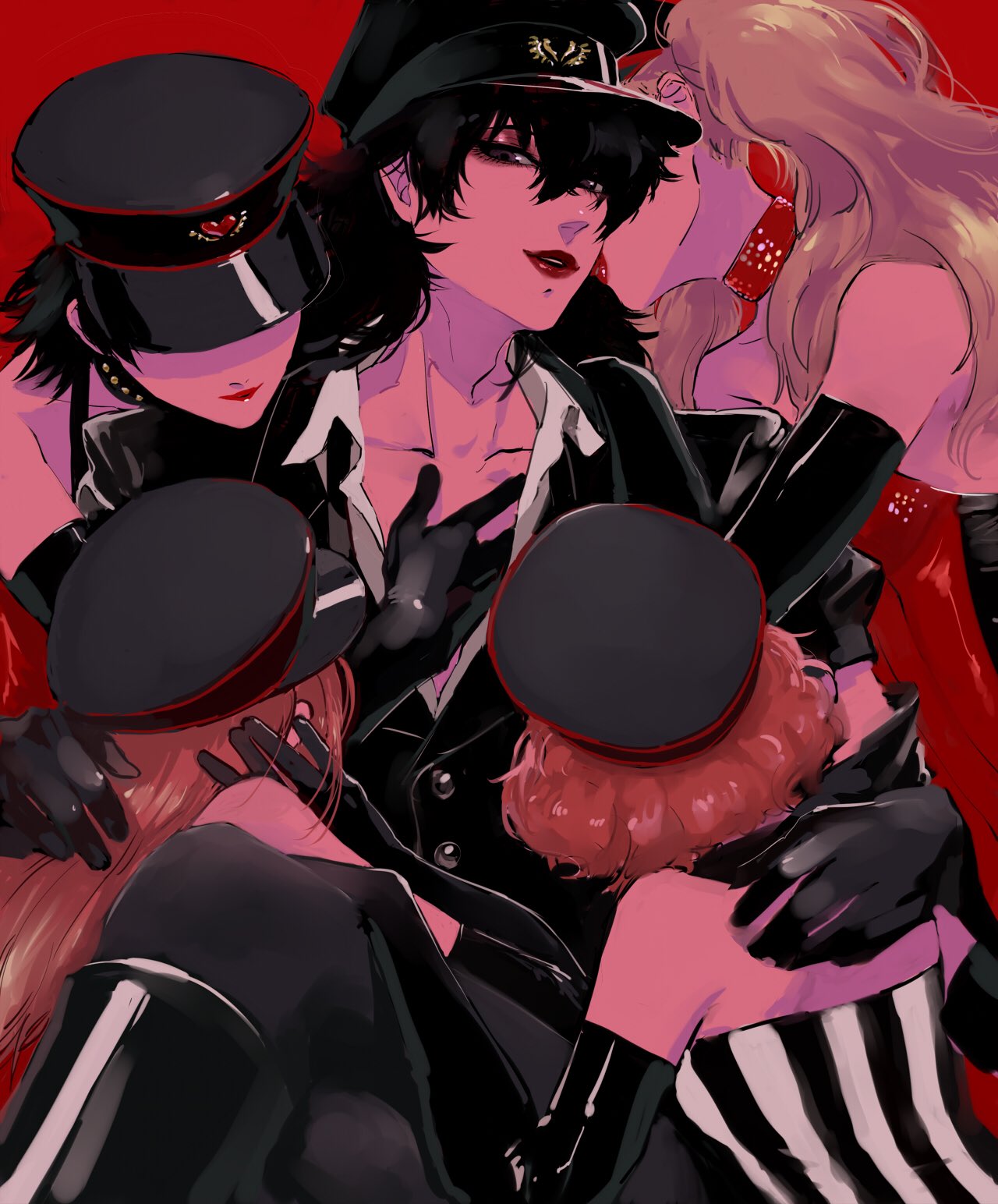 1boy, 4girls, alternate_costume, amamiya_ren, atlus, black_gloves, black_hair, blonde_hair