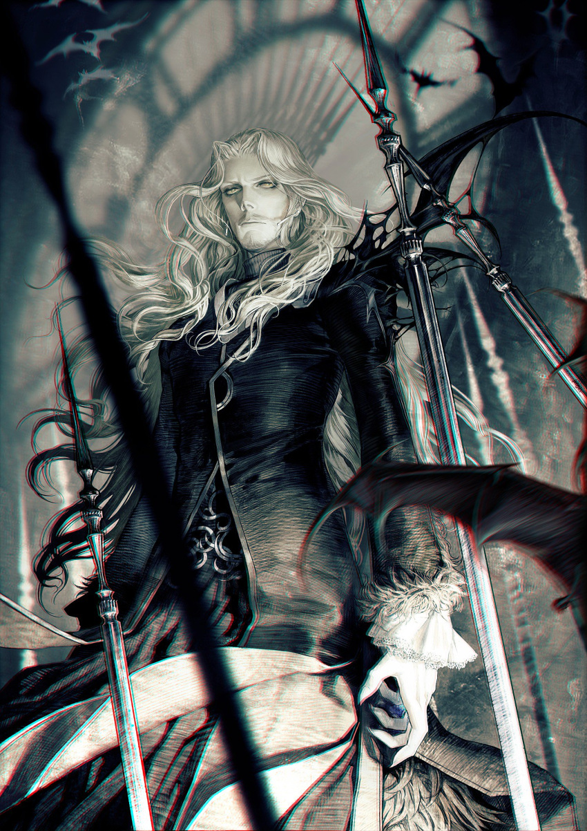 1boy, baharux, beard, earrings, facial_hair, fate/apocrypha, fate_(series), floating_hair, from_below, highres, jewelry, long_hair, looking_at_viewer, male_focus, silver_hair, solo, standing, sword, very_long_hair, vlad_iii_(fate/apocrypha), weapon
