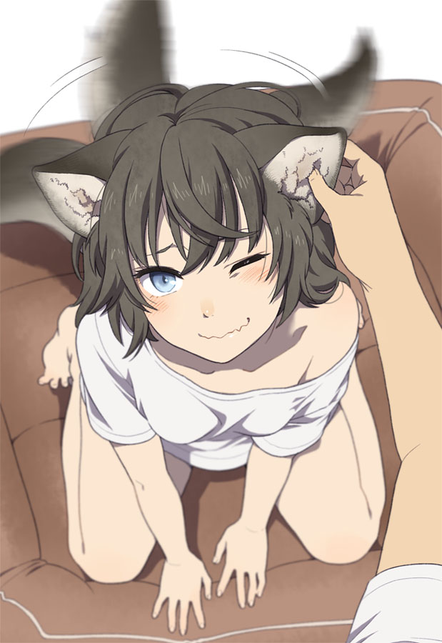 ;), animal_ears, bare_legs, barefoot, blue_eyes, blurry, blush, brown_hair