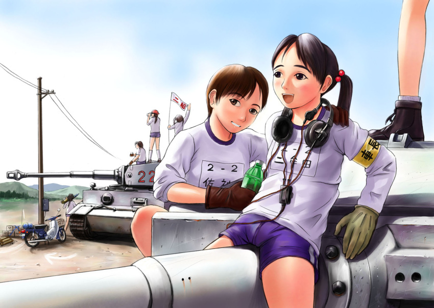 brown_eyes, brown_hair, caterpillar_tracks, gloves, gym_uniform, headphones, headphones_around_neck, highres