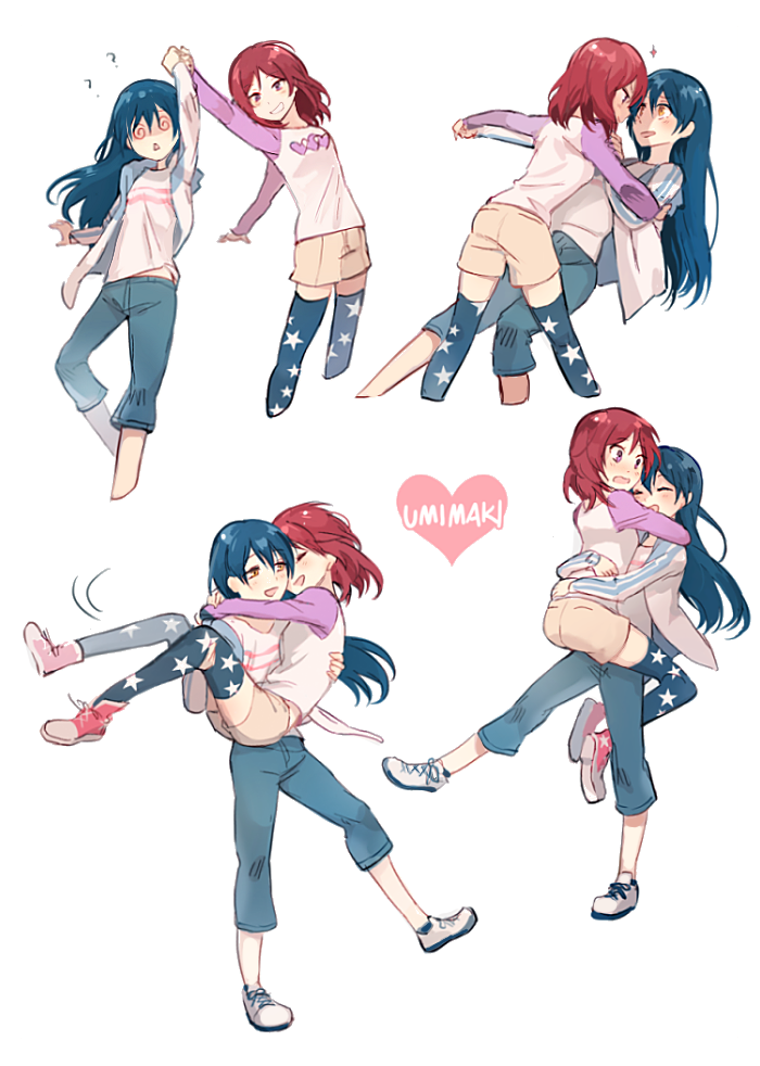 2girls, :d, ??, @_@, arm_up, blue_hair, blush, carrying, character_name, collarbone, cropped_legs, dancing, denim, dizzy_(feeling), double_vertical_stripe, eyelashes, full_body, hand_holding, heart, hug, jacket, jeans, kuma_(bloodycolor), leg_up, long_hair, love_live!, love_live!_school_idol_project, multiple_girls, multiple_views, nishikino_maki, no_socks, open_clothes, open_jacket, open_mouth, outstretched_arm, pants, princess_carry, print_legwear, raglan_sleeves, red_footwear, redhead, shirt, short_hair, shorts, simple_background, smile, sonoda_umi, standing, standing_on_one_leg, star, star_print, t-shirt, thigh-highs, violet_eyes, white_background, white_footwear, white_shirt, yellow_shorts, yuri