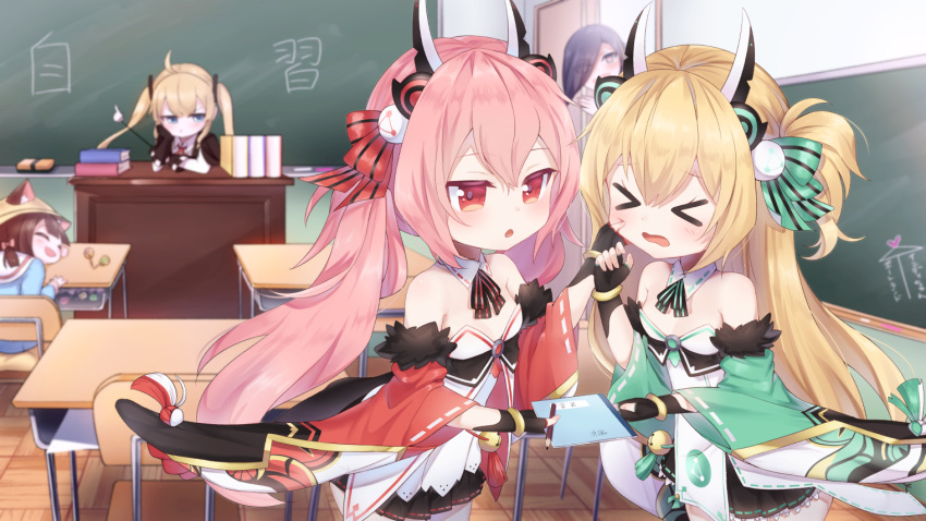 >_<, 5girls, amazon_(azur_lane), animal_ears, ark_royal_(azur_lane), azur_lane, blonde_hair, book