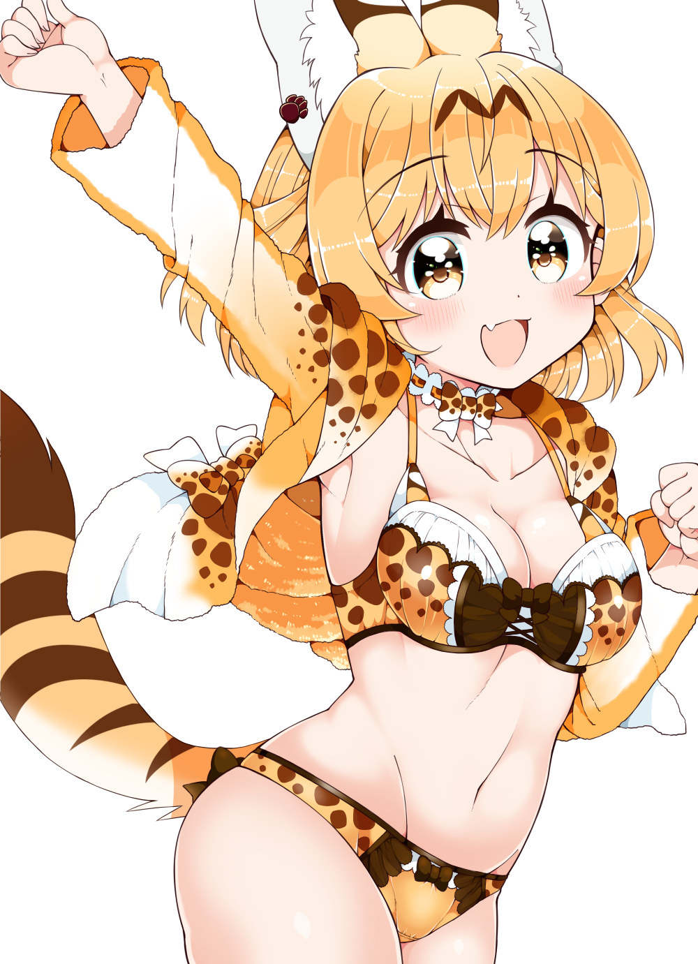 1girl, :d, adapted_costume, animal_ears, arm_up, blonde_hair, blush, bow