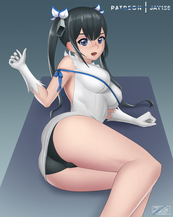 1girl, artist_name, black_hair, black_panties, blue_eyes, breasts, commentary, dungeon_ni_deai_wo_motomeru_no_wa_machigatteiru_darou_ka
