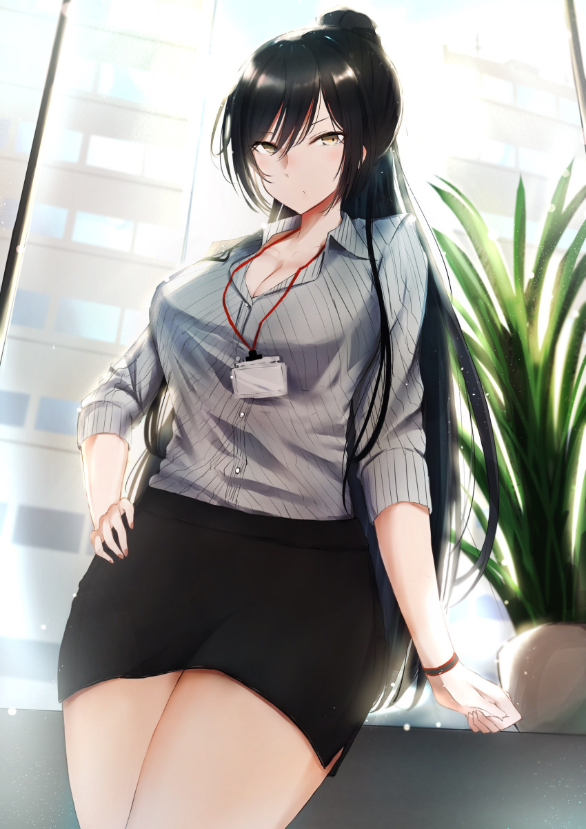 1girl, absurdres, bangs, black_hair, black_skirt, breasts, cleavage, dress_shirt
