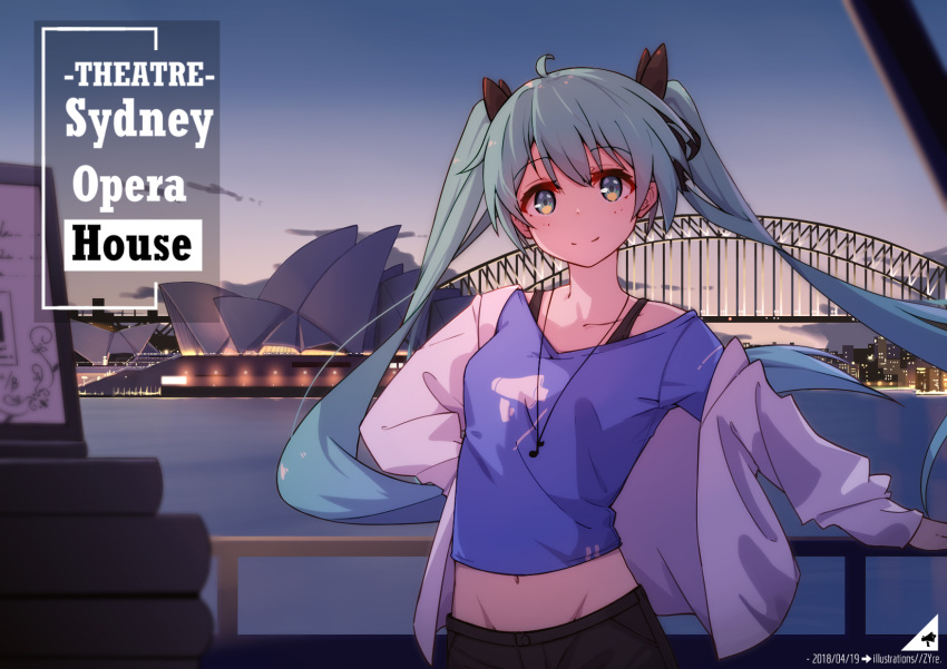 1girl, ahoge, artist_name, black_ribbon, blue_eyes, blue_hair, blue_shirt, blue_sky