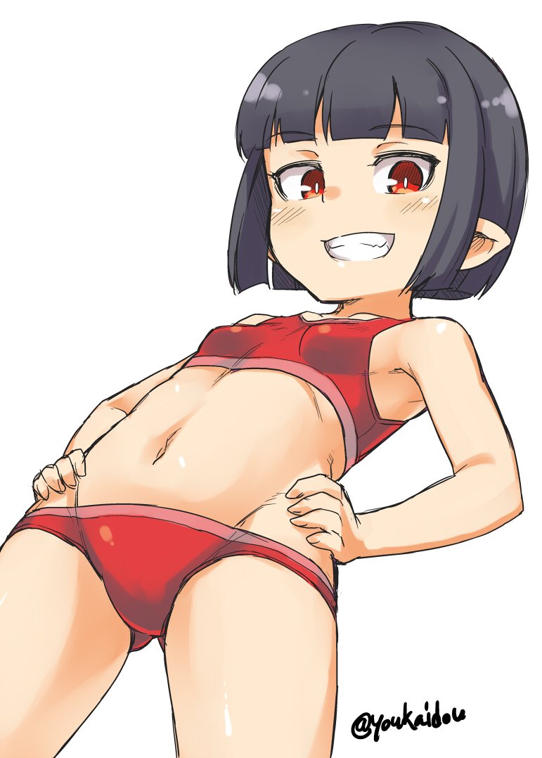 1girl, akaname, akaname-san, bikini, black_hair, flat_chest, grin, hands_on_hips