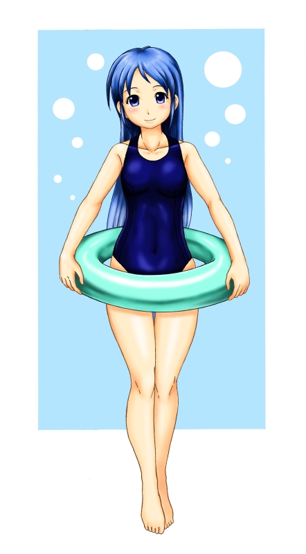 1girl, aqua_background, blue_eyes, blue_hair, breasts, full_body, innertube, kantai_collection, kudou_(ooabareteng), looking_at_viewer, sailor_collar, samidare_(kantai_collection), school_swimsuit, small_breasts, smile, solo, swimsuit, two-tone_background, white_background