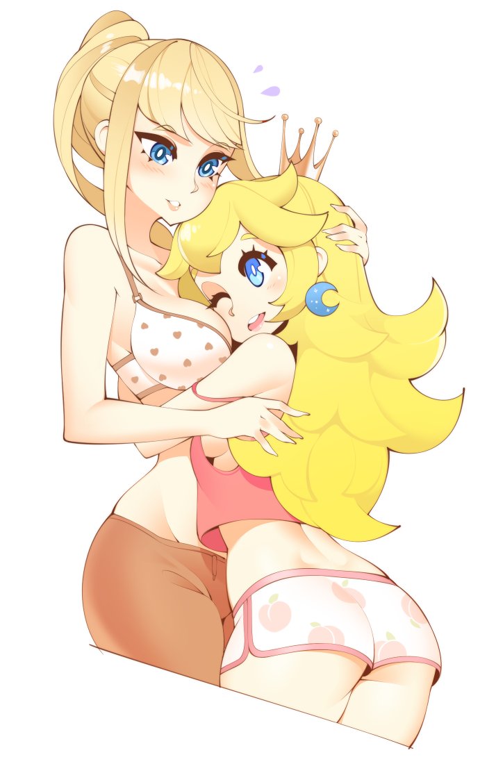 2girls, ass, blonde_hair, blue_eyes, blush, bra, halphelt, hug, long_hair, super_mario_bros., metroid, mole, multiple_girls, navel, panties, pantyhose, ponytail, princess_peach, samus_aran, smile, super_mario_bros., super_smash_bros., underwear