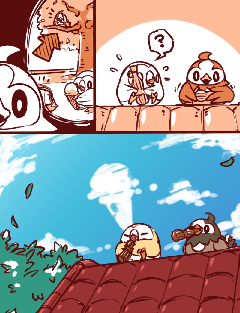 ?, beak, closed_eyes, clouds, comic, directional_arrow, drinking, food