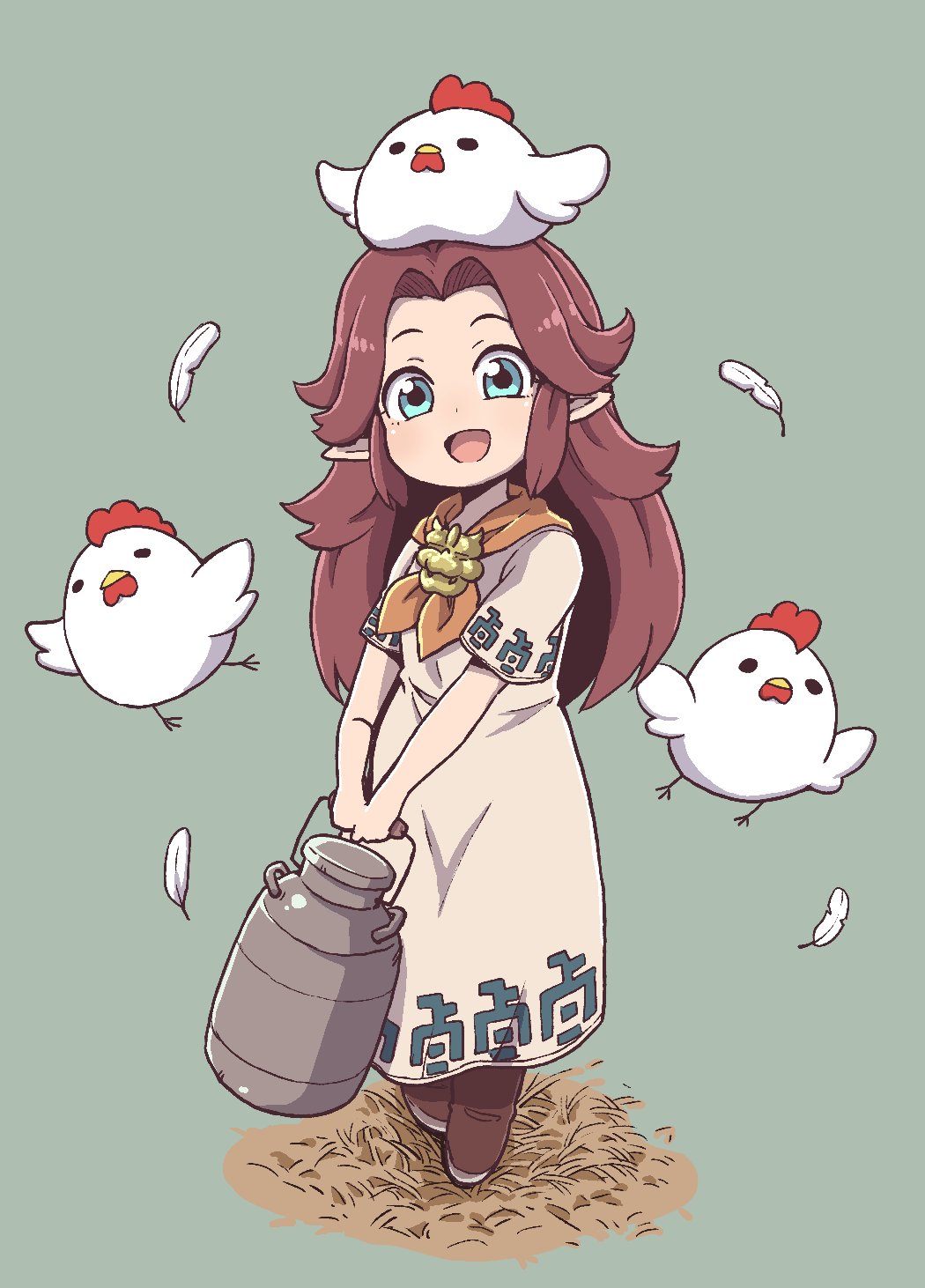 1girl, :d, bare_arms, bird, blue_eyes, botos, brown_footwear, brown_hair, chicken, chicken_on_head, cucco, dress, eyebrows, feathers, full_body, green_background, hair_intakes, highres, holding, long_hair, looking_at_viewer, malon, nazonazo_(nazonazot), neckerchief, open_mouth, orange_neckwear, pointy_ears, short_sleeves, simple_background, smile, solo, standing, the_legend_of_zelda, the_legend_of_zelda:_ocarina_of_time, v_arms, white_dress