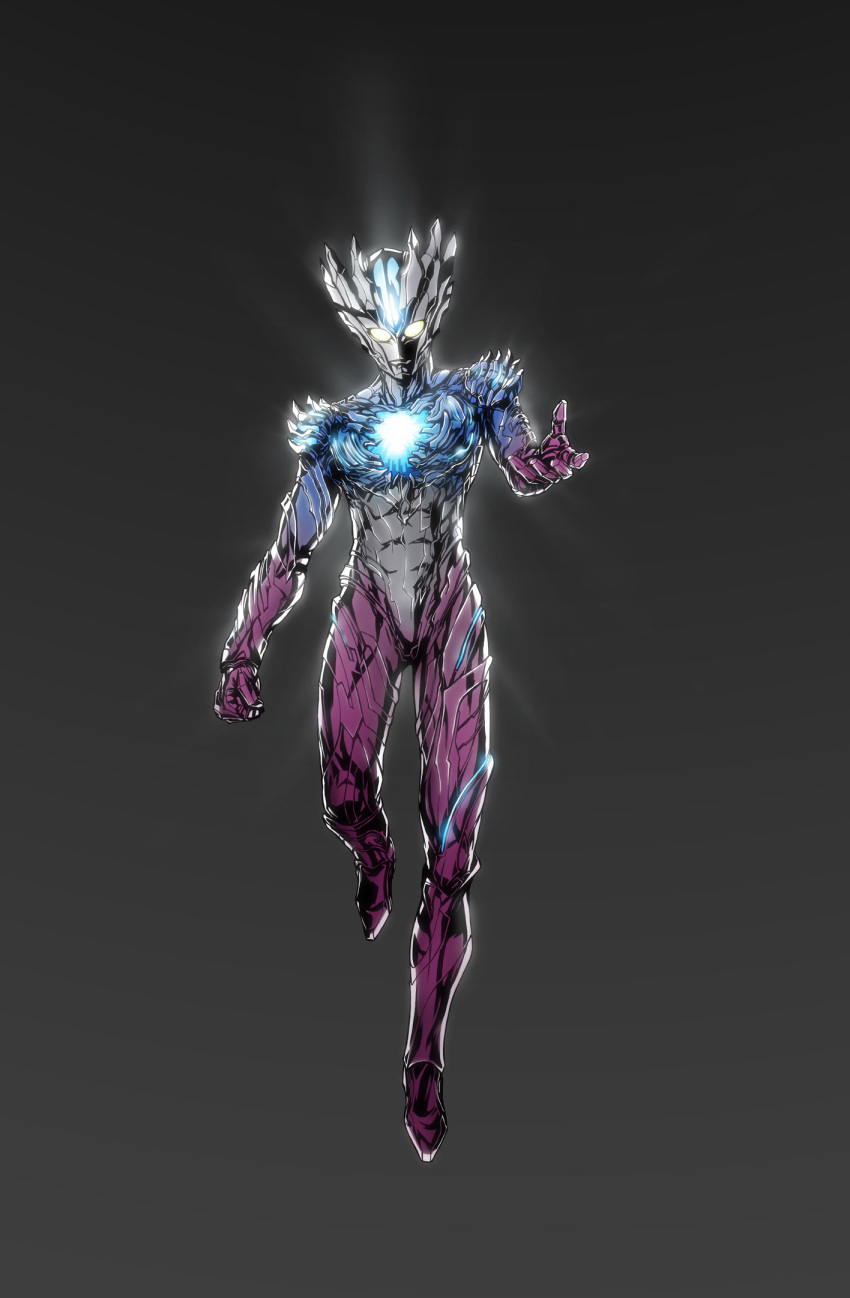 1boy, armor, bai_wang, floating, full_armor, full_body, glowing, glowing_eyes, grey_background, helmet, highres, looking_at_viewer, male_focus, outstretched_arm, simple_background, solo, ultraman_saga, ultraman_saga_(series)