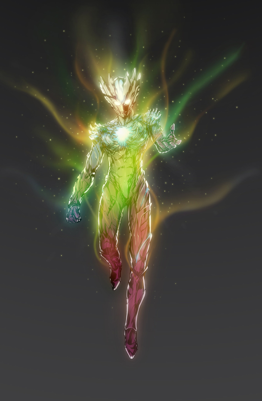 1boy, armor, bai_wang, colorful, floating, full_armor, full_body, glowing, glowing_eyes, grey_background, helmet, highres, light_particles, looking_at_viewer, male_focus, outstretched_arm, simple_background, solo, ultraman_saga, ultraman_saga_(series)