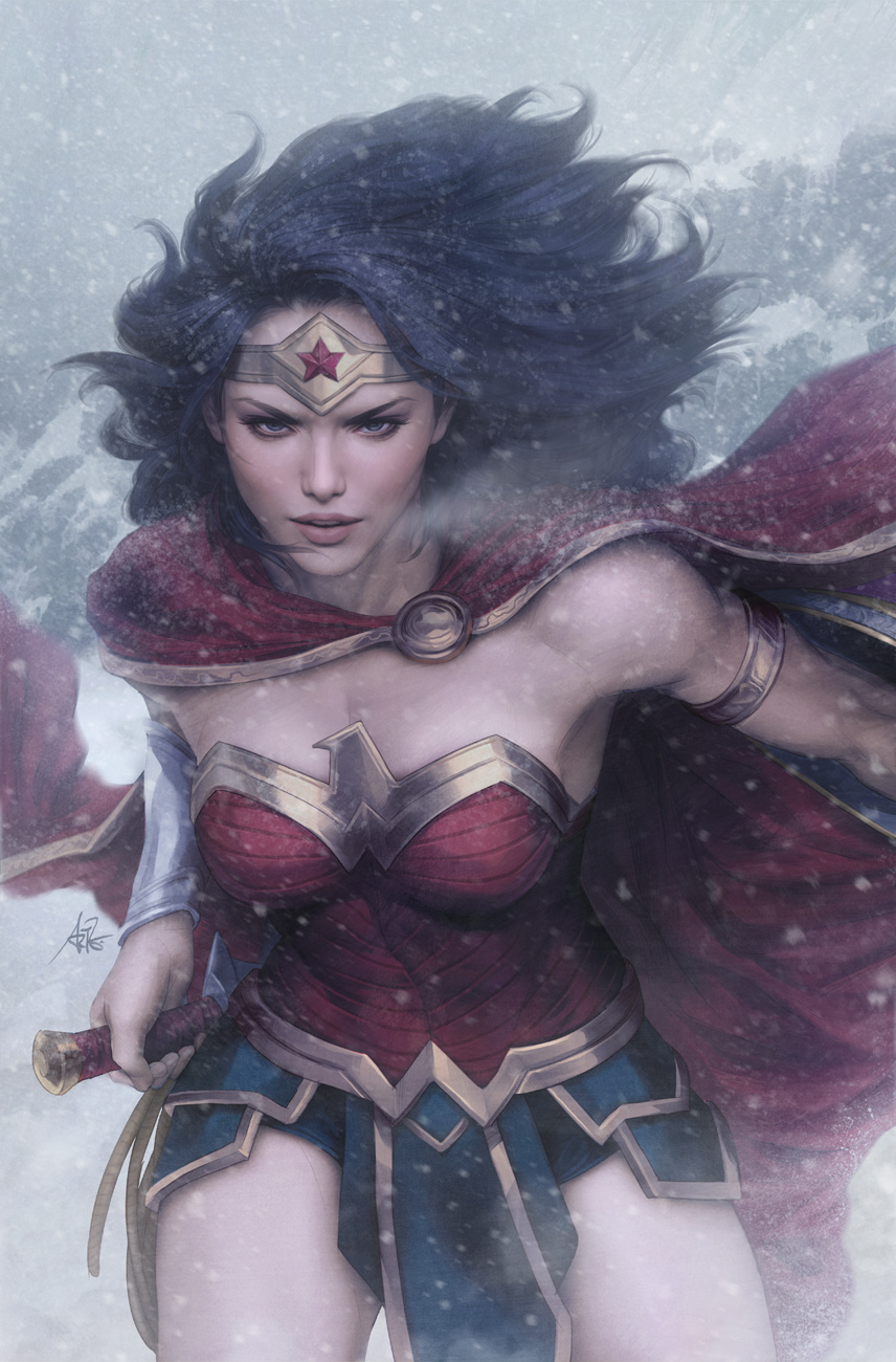 1girl, armlet, black_hair, blurry, bracer, breath, cape, dc_comics, depth_of_field, highres, lasso, looking_at_viewer, parted_lips, pommel, realistic, shield, skirt, snow, snowing, solo, stanley_lau, superhero, sword, tiara, toned, upper_body, weapon, weapon_on_back, wonder_woman, wonder_woman_(series)