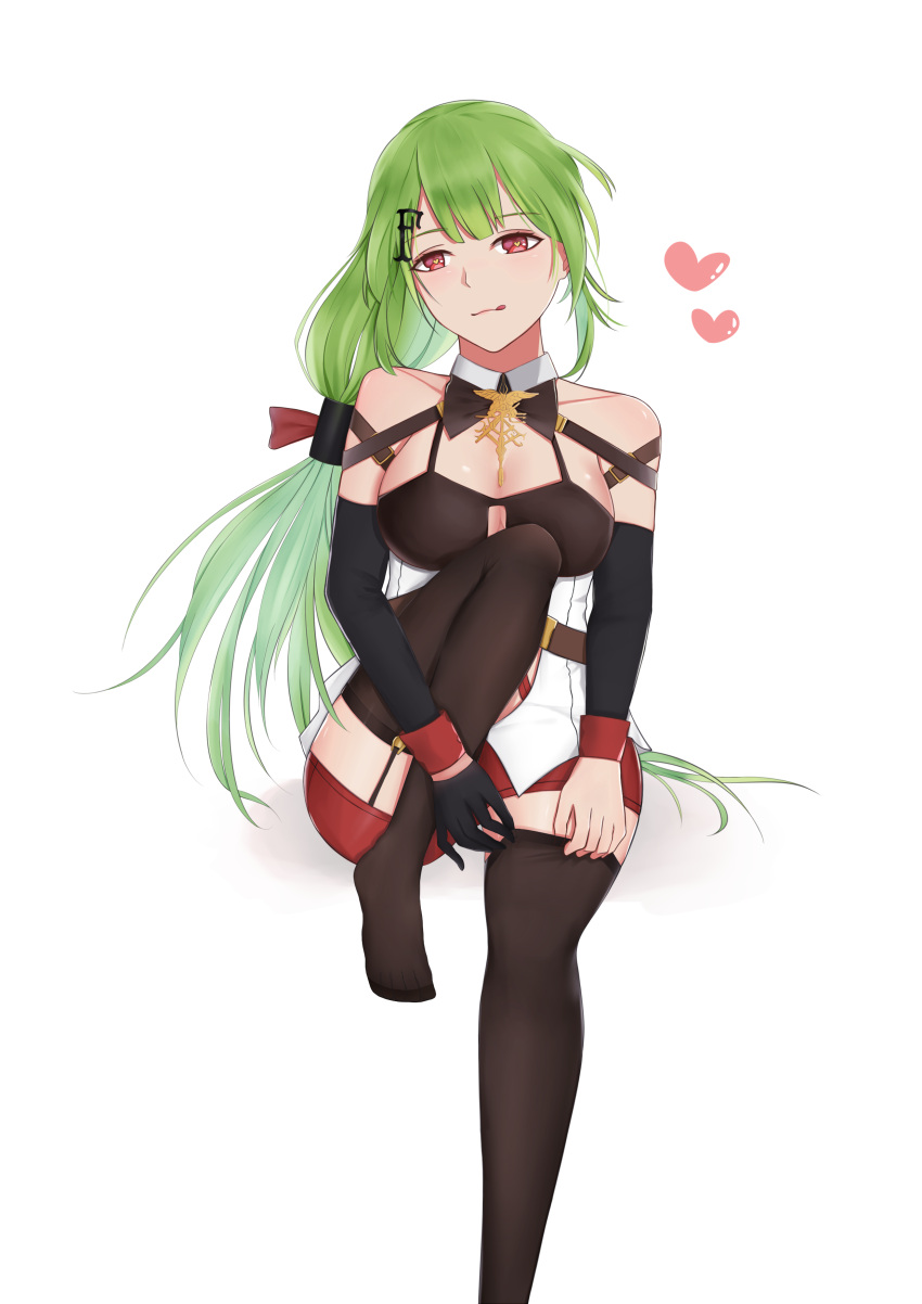 1girl, :q, absurdres, adjusting_clothes, adjusting_legwear, bangs, belt, black_gloves, black_legwear, blush, boots, breasts, buckle, cleavage, collar, flying_heart, garter_belt, garter_straps, girls_frontline, gloves, green_hair, hair_between_eyes, hair_ornament, half-closed_eyes, heart, heart-shaped_pupils, highres, kanna_(kanna2333), knee_up, long_hair, looking_at_viewer, low-tied_long_hair, mk48_(girls_frontline), multiple_straps, ponytail, red_eyes, red_shorts, shorts, sidelocks, simple_background, single_glove, sitting, smile, solo, symbol-shaped_pupils, thigh-highs, tongue, tongue_out, very_long_hair, white_background