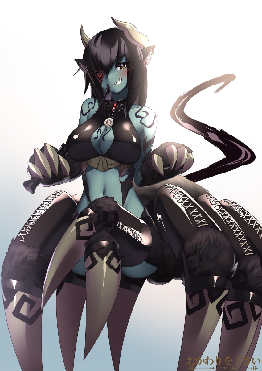 1girl, absurdres, animal_ears, arachne, bare_shoulders, black_hair, brown_eyes, claws