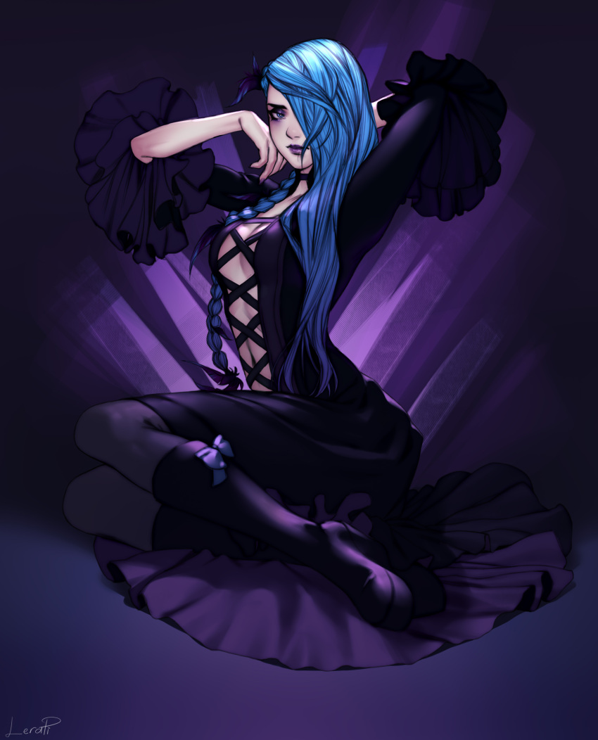 1girl, absurdres, blue_eyes, blue_hair, boots, borrowed_character, braid, breasts, center_opening, choker, cleavage, commentary, dress, english_commentary, eyeshadow, flower, frilled_sleeves, frills, full_body, gothic_lolita, hair_flower, hair_ornament, highres, knee_boots, lera_pi, lilim_(necrottik), lipstick, lolita_fashion, long_dress, long_hair, looking_at_viewer, makeup, medium_breasts, navel, no_bra, original, pantyhose, platform_boots, purple, purple_background, purple_dress, purple_lipstick, side_braid, single_braid, solo