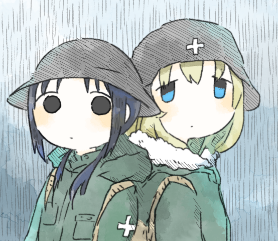 2girls, black_eyes, black_hair, blonde_hair, blue_eyes, chito_(shoujo_shuumatsu_ryokou), fur_trim, helmet