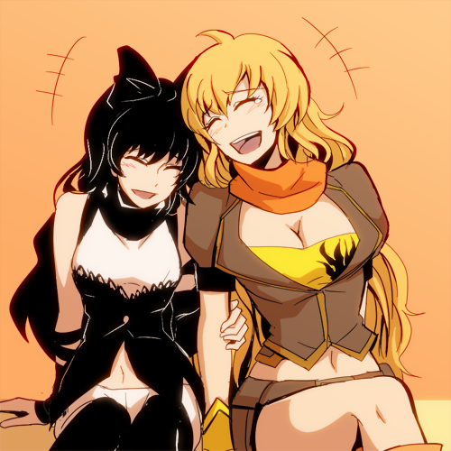 2girls, ^_^, ahoge, arm_grab, arm_support, black_footwear, black_hair, blake_belladonna
