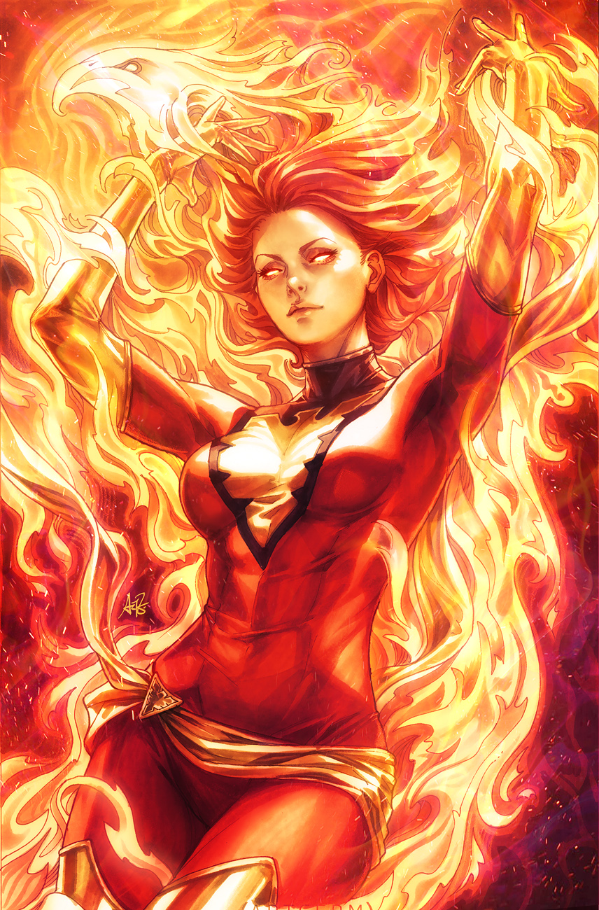 1girl, aura, bird, bodysuit, covered_navel, dark_phoenix, elbow_gloves, embers