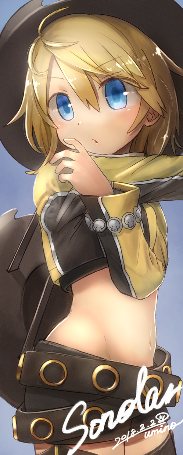 1girl, belt, blonde_hair, blue_eyes, cowboy_hat, hat, highres, midriff