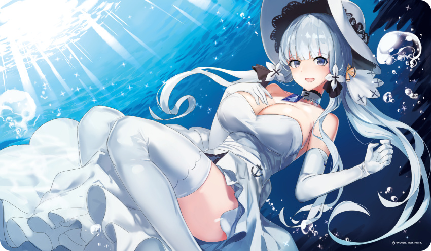 1girl, anchor_symbol, artist_name, azur_lane, bangs, bare_shoulders, bent_knees, blue_eyes, blush, breasts, bubble, choker, cleavage, collarbone, day, dress, elbow_gloves, eyebrows_visible_through_hair, floating, floating_hair, gloves, hair_ornament, hair_ribbon, hand_on_own_breast, hat, head_tilt, highres, illustrious_(azur_lane), jewelry, knees_together_feet_apart, lace-trimmed_choker, lace-trimmed_hat, large_breasts, light_rays, long_hair, looking_at_viewer, low_twintails, mole, mole_under_eye, open_mouth, pendant, ribbon, ringoen, sapphire_(stone), smile, solo, sparkle, sun_hat, thigh-highs, thighs, tress_ribbon, twintails, underwater, water, white_dress, white_gloves, white_hair, white_hat, white_legwear