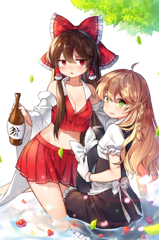2girls, ahoge, bare_legs, bare_shoulders, black_hat, black_skirt, blonde_hair, bottle