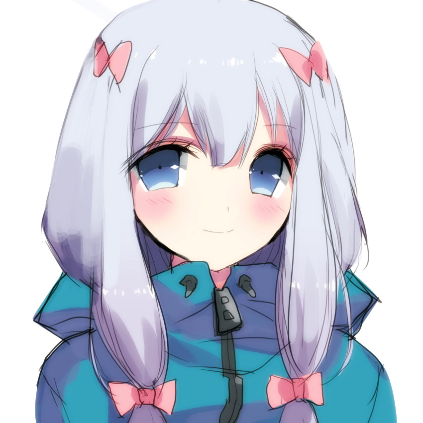 1girl, bangs, blue_eyes, blush, bow, closed_mouth, commentary, eromanga_sensei
