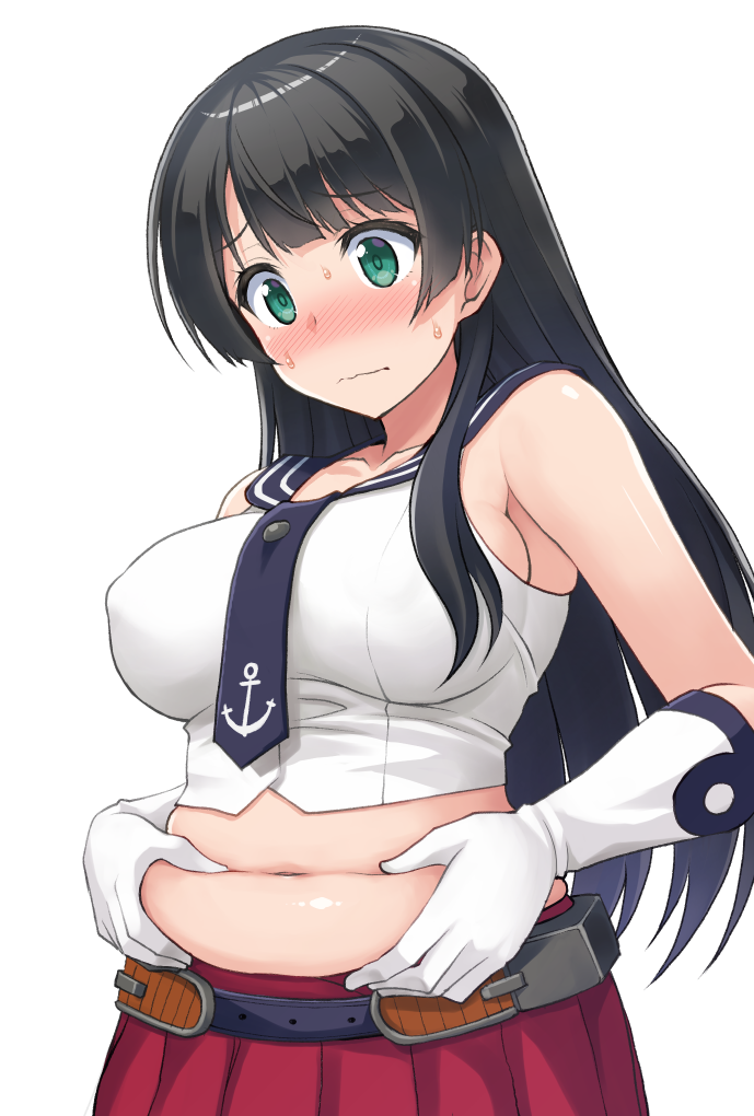 1girl, agano_(kantai_collection), bare_shoulders, belly_grab, black_belt, black_hair, blue_eyes, blush, breasts, closed_mouth, collarbone, cosplay, erect_nipples, gloves, hormone_koijirou, kantai_collection, large_breasts, long_hair, navel, nose_blush, plump, red_skirt, sailor_collar, sideboob, simple_background, skirt, solo, upper_body, weight_conscious, white_background, white_gloves