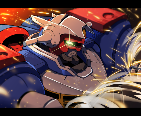 black_border, border, dendou, gear_senshi_dendou, glowing, glowing_eye, hands_together, hawe_king