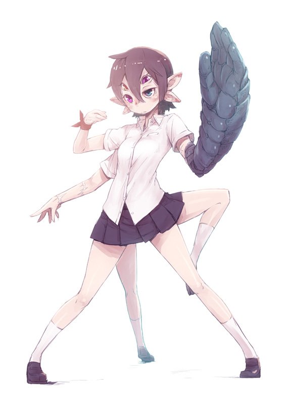 1girl, black_skirt, blue_eyes, brown_footwear, brown_hair, closed_mouth, collared_shirt, commentary_request